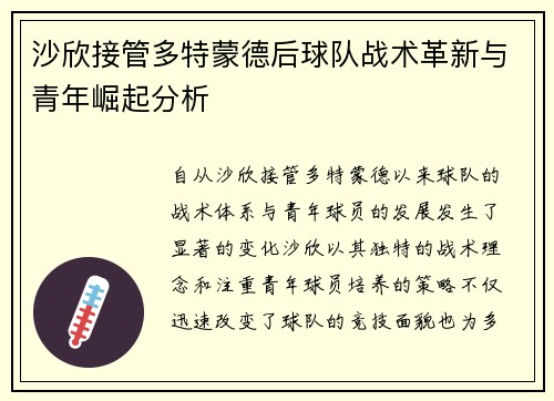 沙欣接管多特蒙德后球队战术革新与青年崛起分析