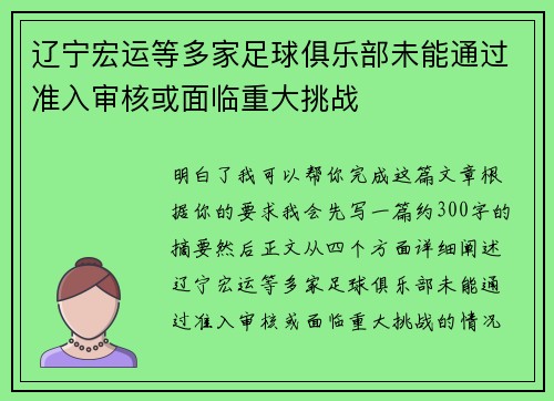 辽宁宏运等多家足球俱乐部未能通过准入审核或面临重大挑战